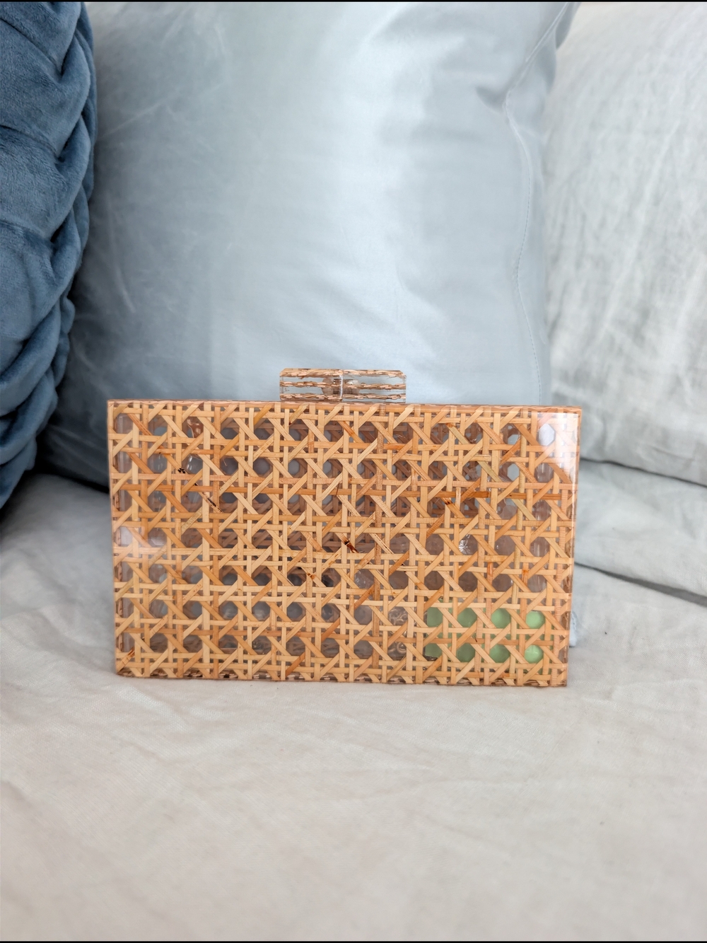 NWT RAMLA Rattan Cane Acrylic Box Clutch Crossbody Bag Brown Clear